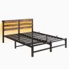 Queen Size Metal Bed Frame with Wooden Headboard, RGB Lights,Charger, Storage Shelf, Noise-Free, No Box Spring Needed,Rustic Brown