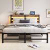Queen Size Metal Bed Frame with Wooden Headboard, RGB Lights,Charger, Storage Shelf, Noise-Free, No Box Spring Needed,Rustic Brown