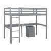 Twin Loft Wood Bed with Under-bed, Built-in Desk, a Storage Cabinet of 2 Drawers, Guardrails, Ladder,Grey