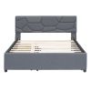 Queen Size Upholstered Platform Bed with Brick Pattern Headboard, with Twin XL Size Trundle and 2 drawers, Linen Fabric, Gray