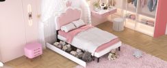 Twin Size Upholstered Princess Bed With Crown Headboard and 2 Drawers,Twin Size Platform Bed with Headboard and Footboard, Pink+White