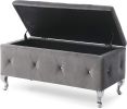 1pc Glam 38 Inches Storage Ottoman Bench for Upholstered Tufted Gray Velvet Polyester Organizer Bedroom Living Room Entryway Hallway