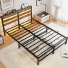 Queen Size Metal Bed Frame with Wooden Headboard, RGB Lights,Charger, Storage Shelf, Noise-Free, No Box Spring Needed,Rustic Brown